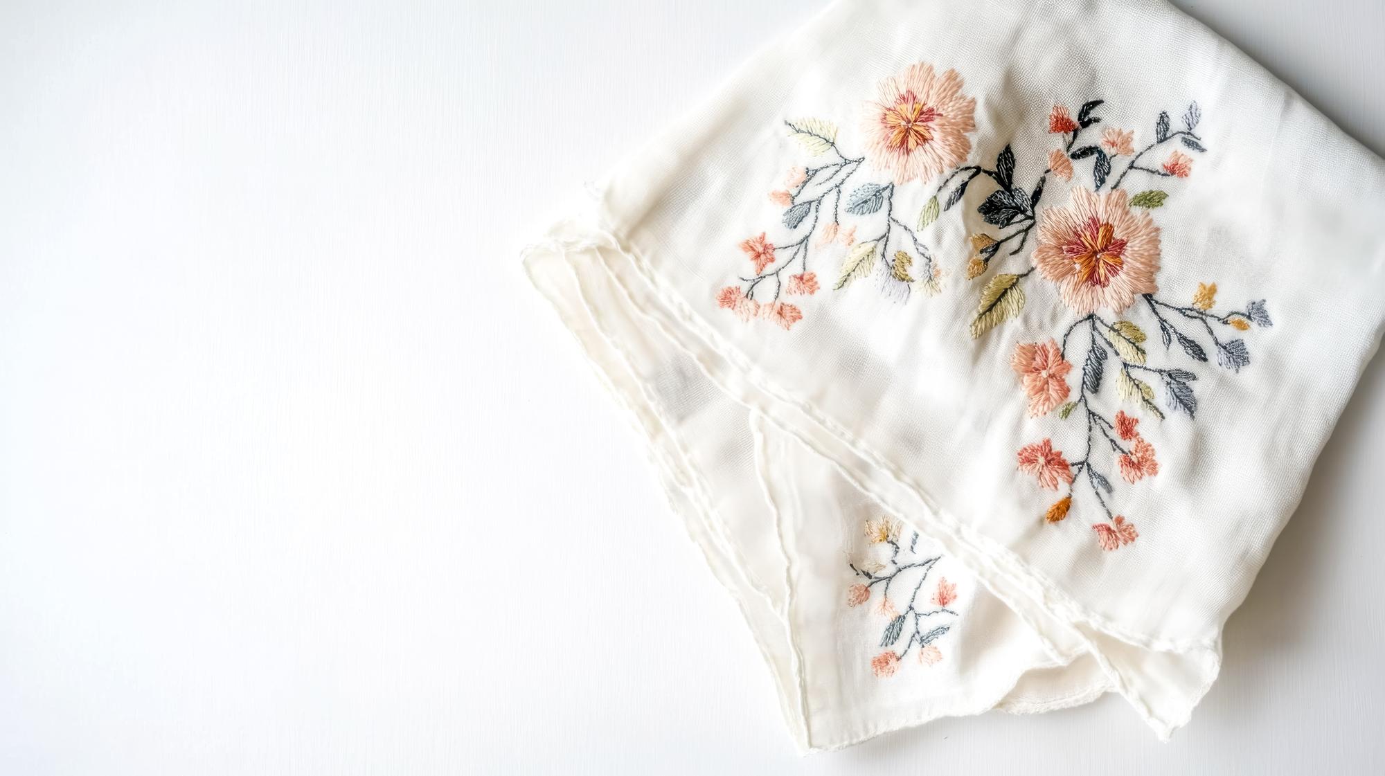 Large editorial shot of embroidered linen napkin with floral motif